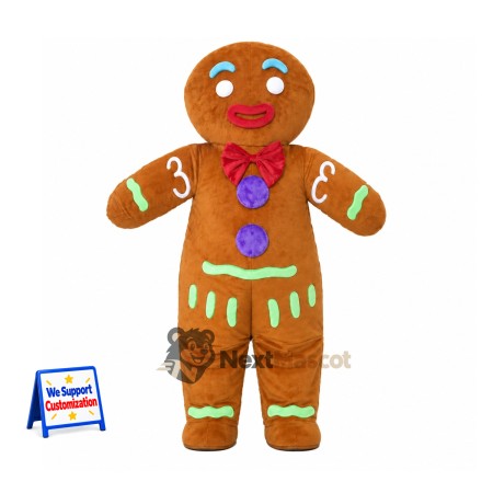 Gingerbread Man Mascot Costume - Purple Bow Tie Gingerbread Man Mascot Costume - Purple Bow Tie