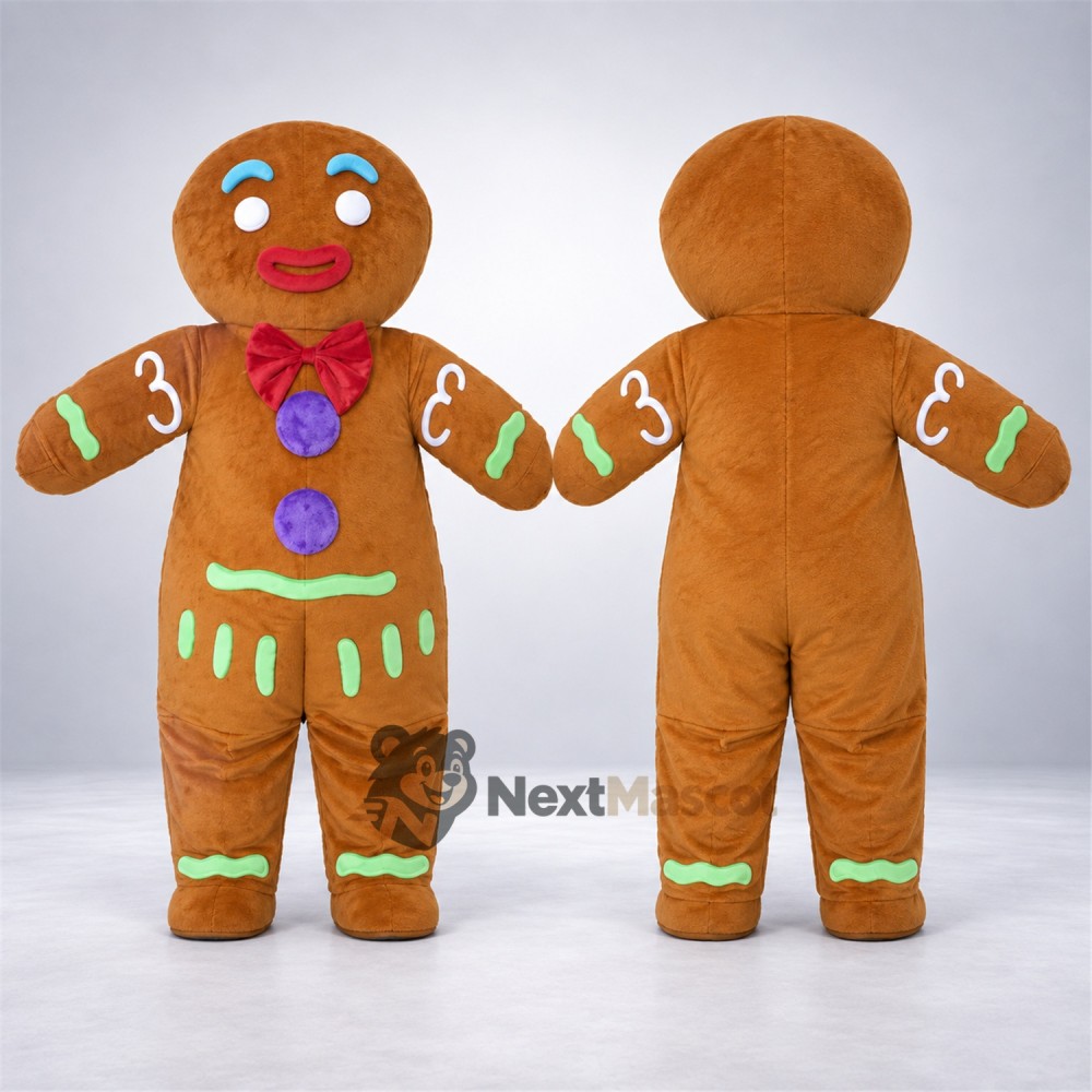 Gingerbread Man Mascot Costume - Purple Bow Tie Gingerbread Man Mascot Costume - Purple Bow Tie