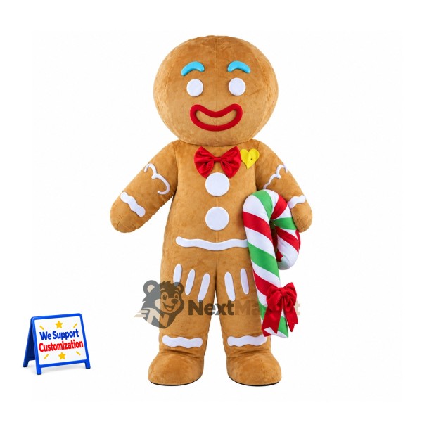 Gingerbread Man Mascot Costume - Candy Cane and Red Bow Tie