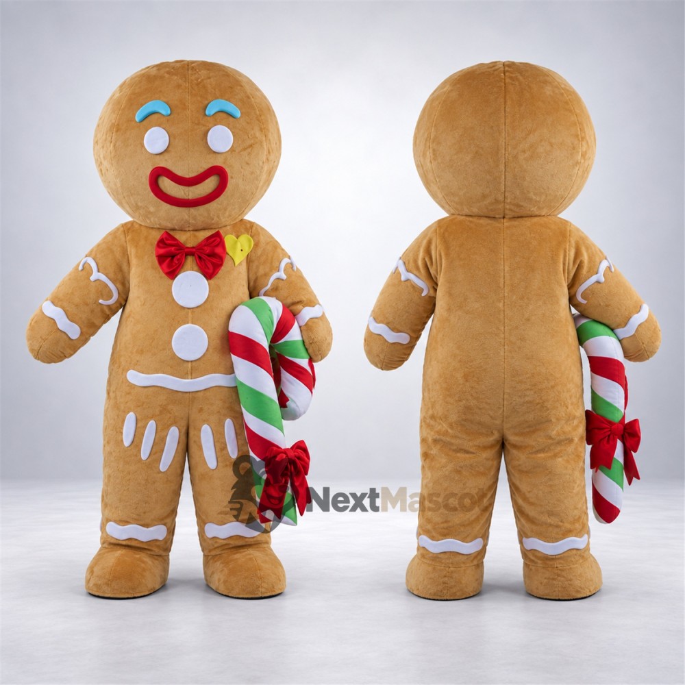 Gingerbread Man Mascot Costume - Candy Cane and Red Bow Tie