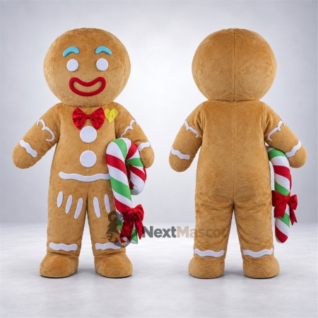 Gingerbread Man Mascot Costume - Candy Cane and Red Bow Tie