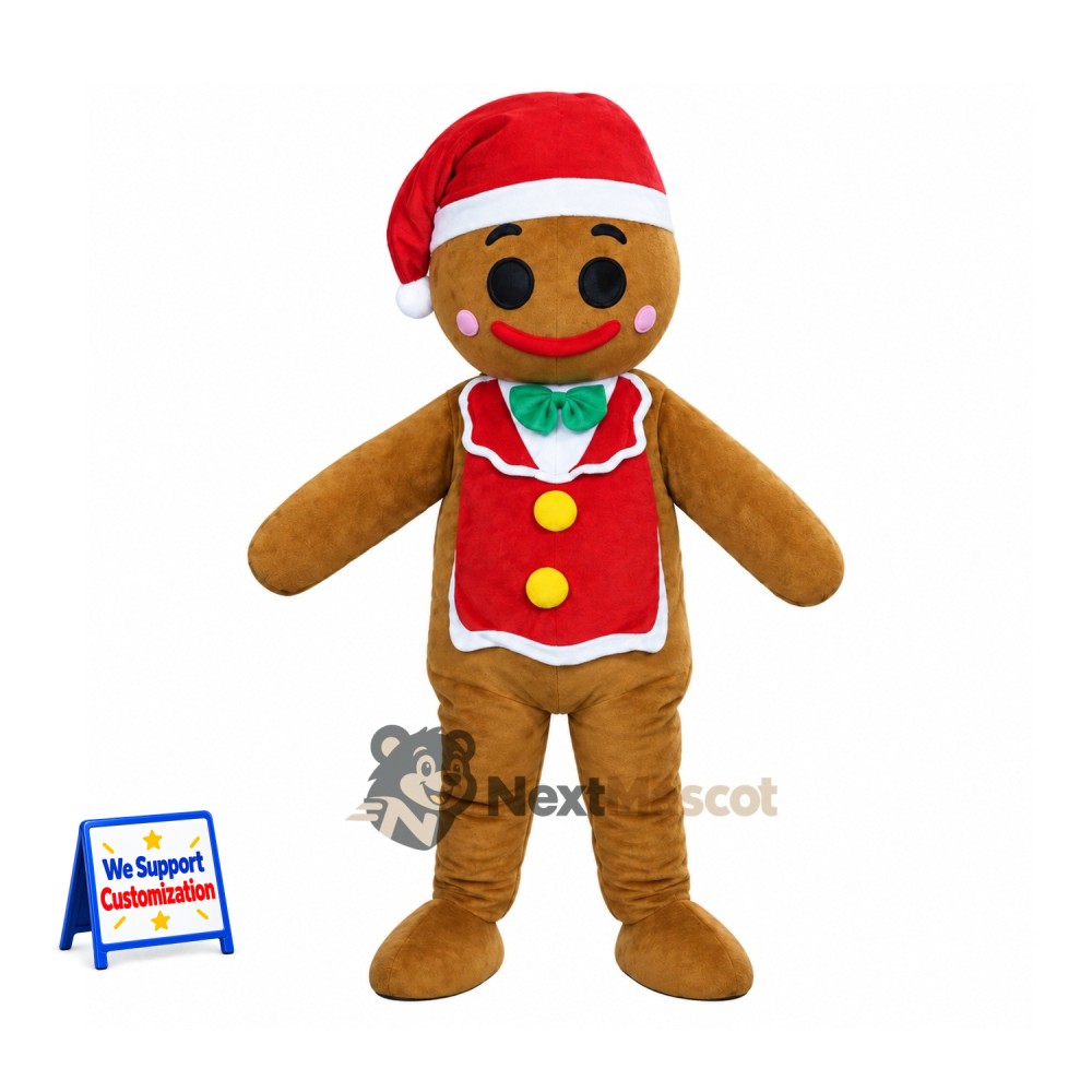 Gingerbread Man Mascot Costume - Santa Hat for Christmas Events Gingerbread Man Mascot Costume - Santa Hat for Christmas Events