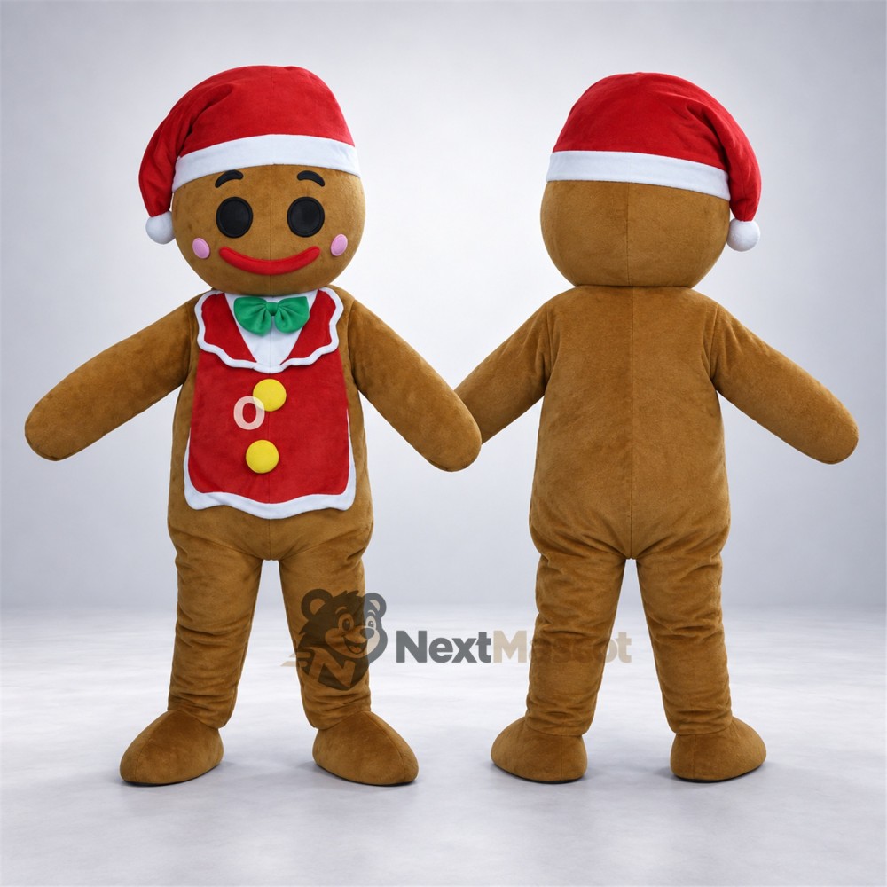 Gingerbread Man Mascot Costume - Santa Hat for Christmas Events Gingerbread Man Mascot Costume - Santa Hat for Christmas Events