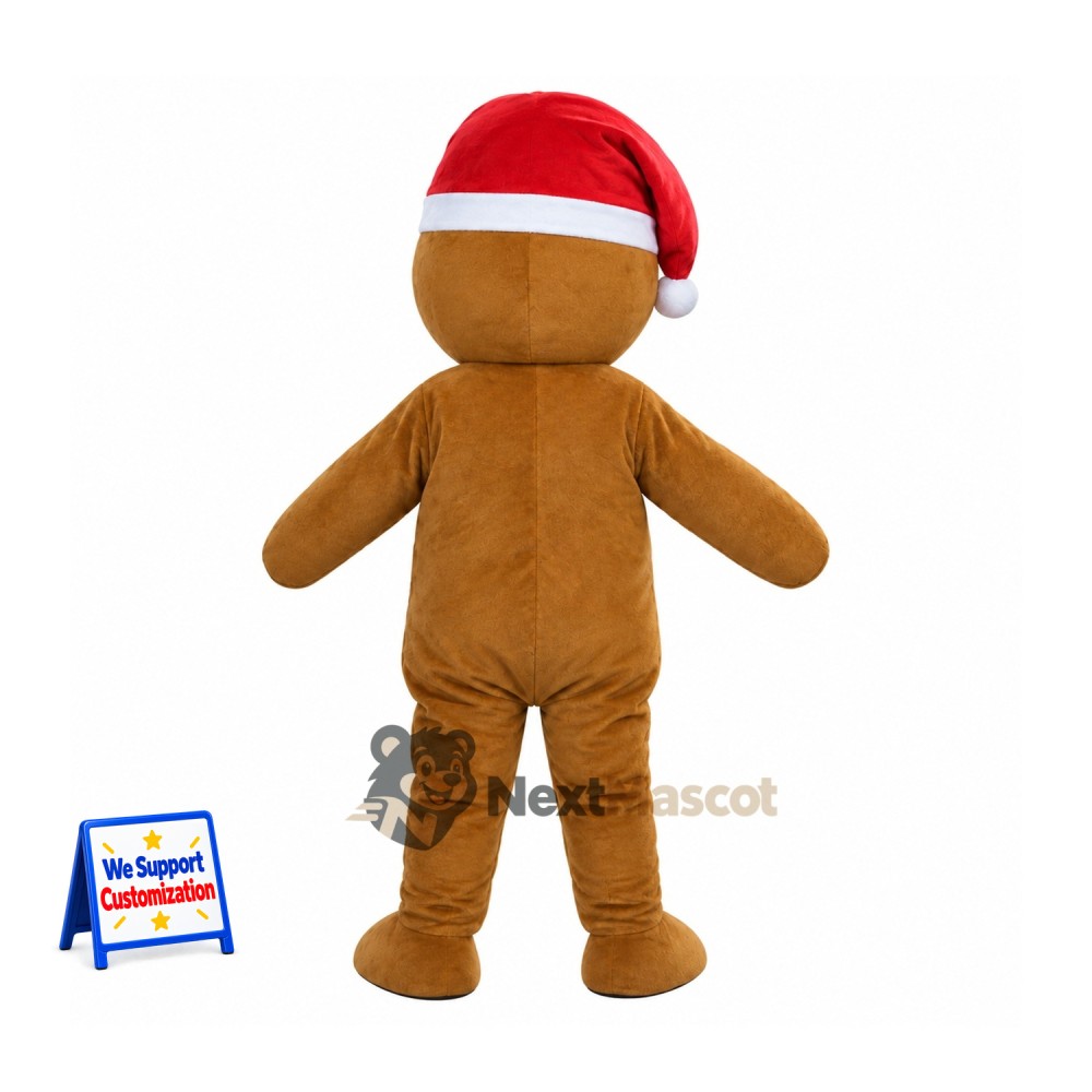Gingerbread Man Mascot Costume - Santa Hat for Christmas Events Gingerbread Man Mascot Costume - Santa Hat for Christmas Events