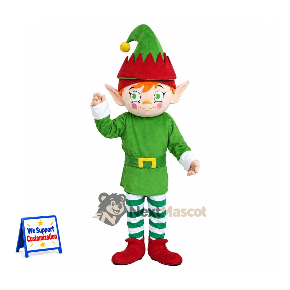 Christmas Elf Mascot Costume - Green Coat and Striped Socks Christmas Elf Mascot Costume - Green Coat and Striped Socks