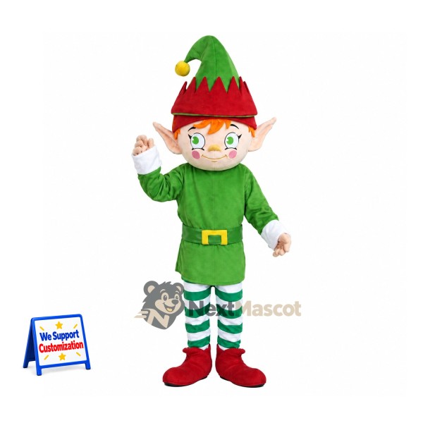 Christmas Elf Mascot Costume - Green Coat and Striped Socks