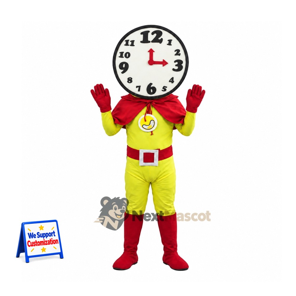 Clock Superhero Mascot Costume Clock Superhero Mascot Costume