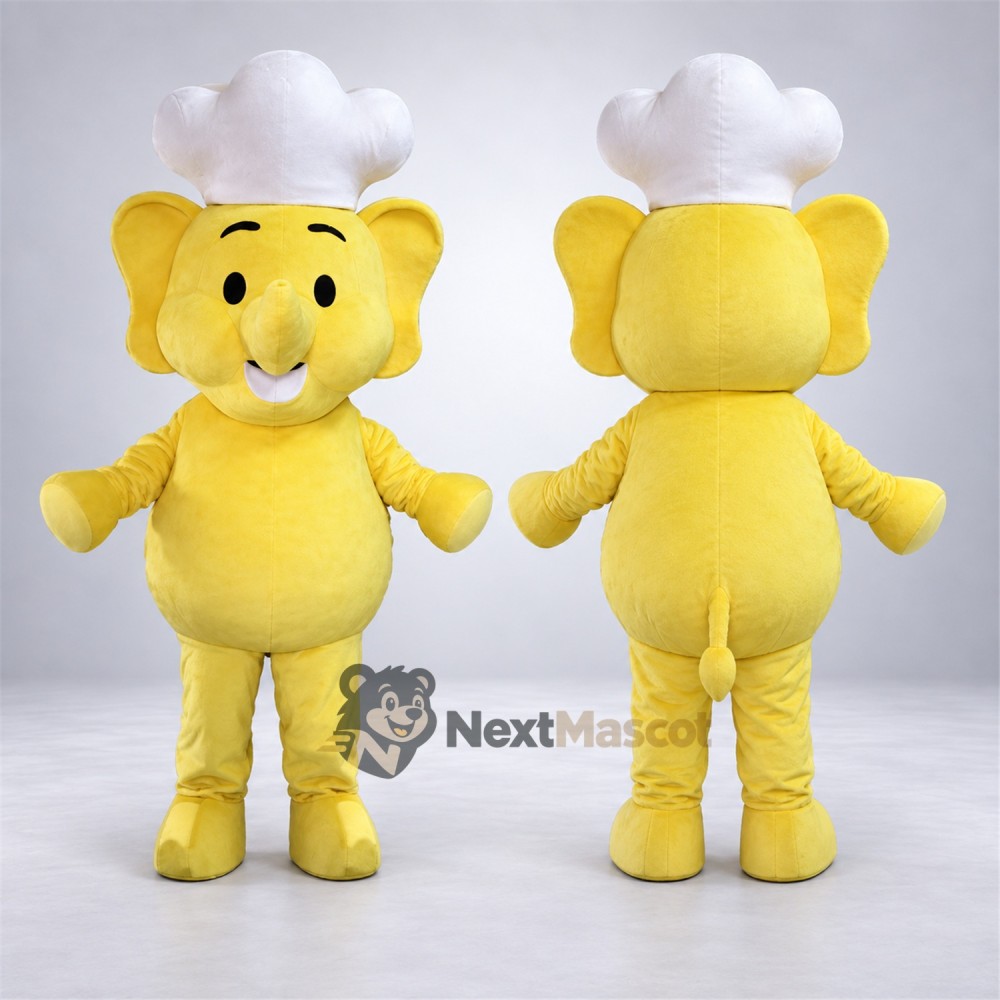 Elephant Mascot Costume - Yellow, Chef Hat Elephant Mascot Costume - Yellow, Chef Hat