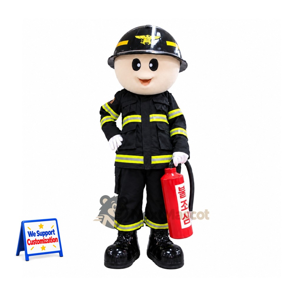Firefighter Mascot Costume - Black Suit, Fire Extinguisher Firefighter Mascot Costume - Black Suit, Fire Extinguisher