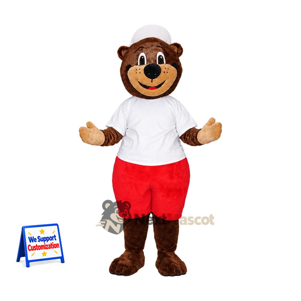 Bear Mascot Costume - Brown, White Shirt and Red Shorts