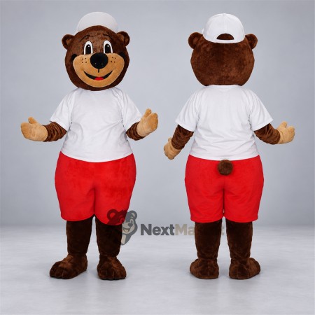 Bear Mascot Costume - Brown, White Shirt and Red Shorts