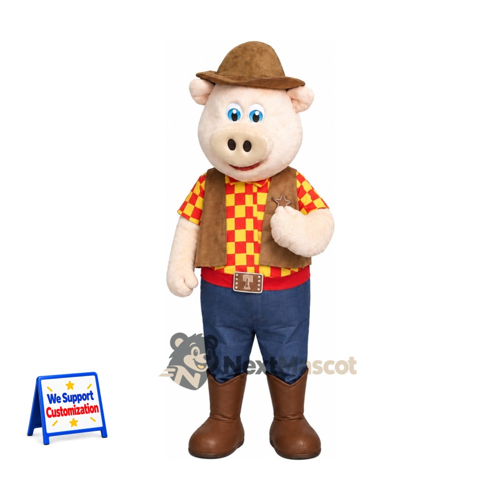 Pig Mascot Costume - Cowboy Outfit for Parades Pig Mascot Costume - Cowboy Outfit for Parades