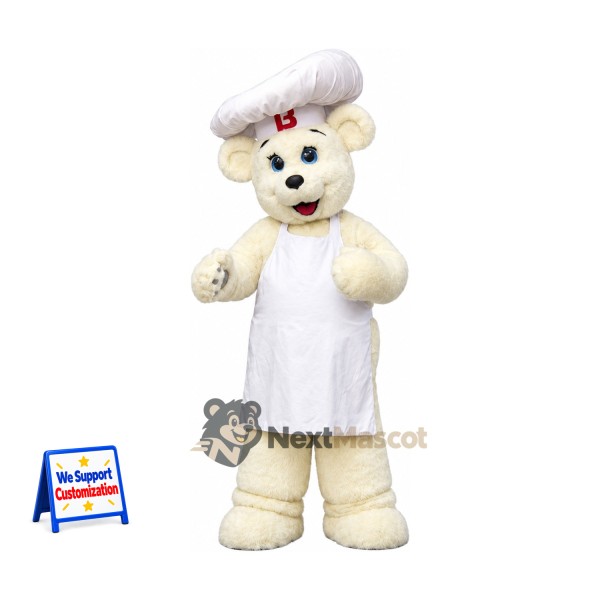 Bear Mascot Costume - White, Chef Hat