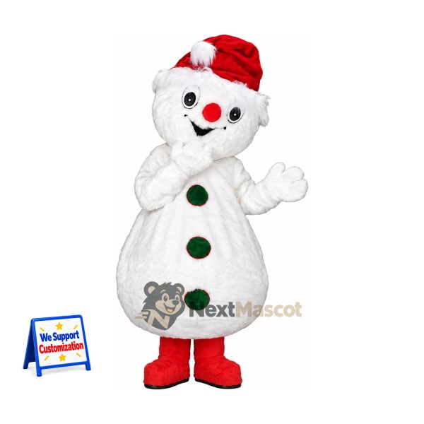 Snowman Mascot Costume - Green Buttons and Red Boots