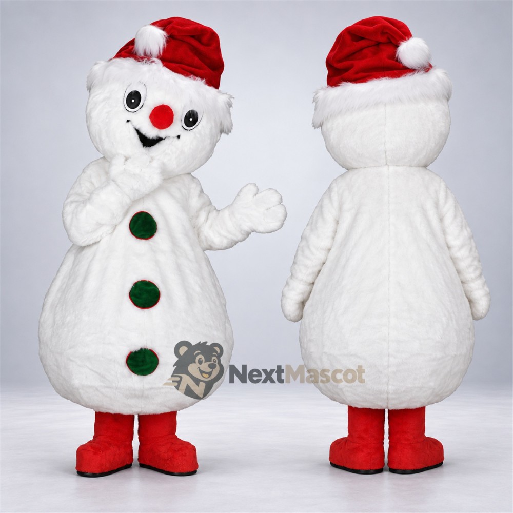 Snowman Mascot Costume - Green Buttons and Red Boots