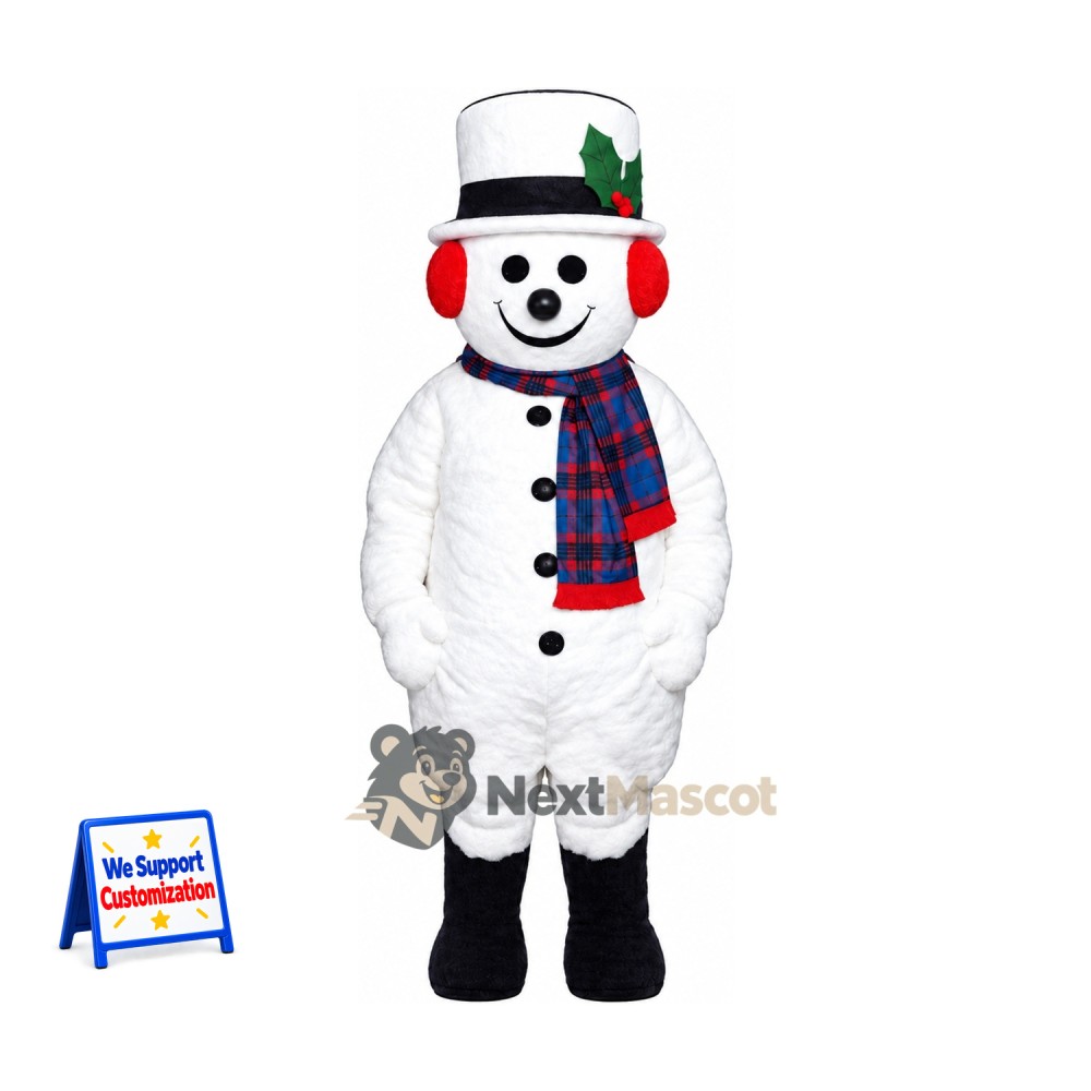 Snowman Mascot Costume - Plaid Scarf for Christmas Events Snowman Mascot Costume - Plaid Scarf for Christmas Events