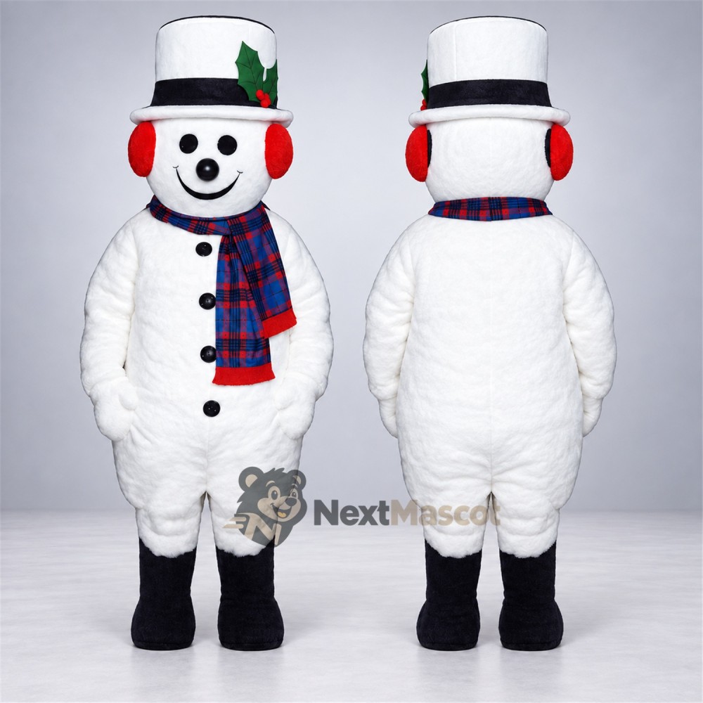 Snowman Mascot Costume - Plaid Scarf for Christmas Events Snowman Mascot Costume - Plaid Scarf for Christmas Events