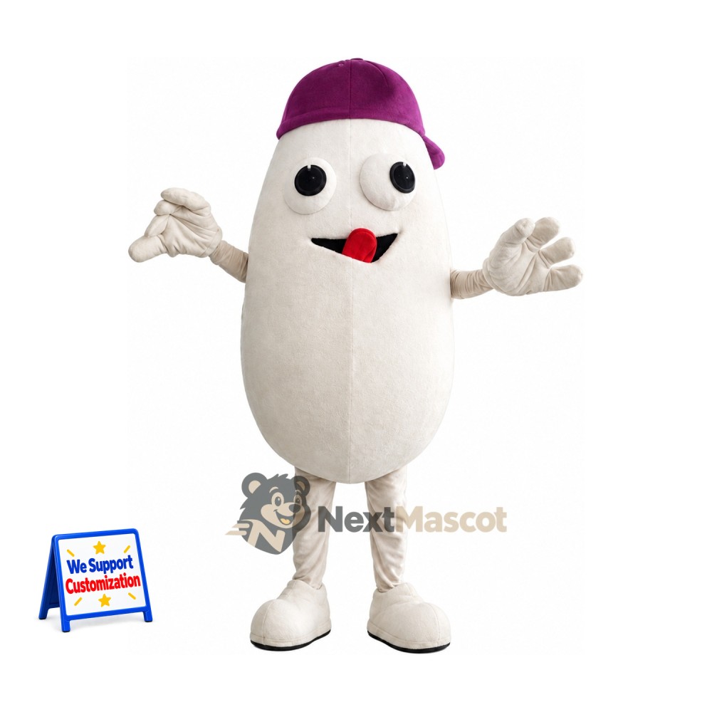 Bean Mascot Costume - White, Purple Cap
