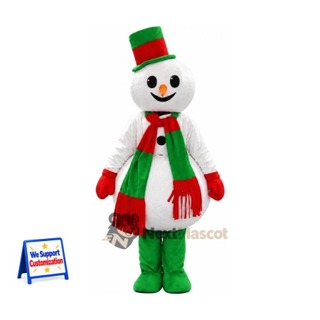 Snowman Mascot Costume - Green Scarf for Christmas Parades Snowman Mascot Costume - Green Scarf for Christmas Parades