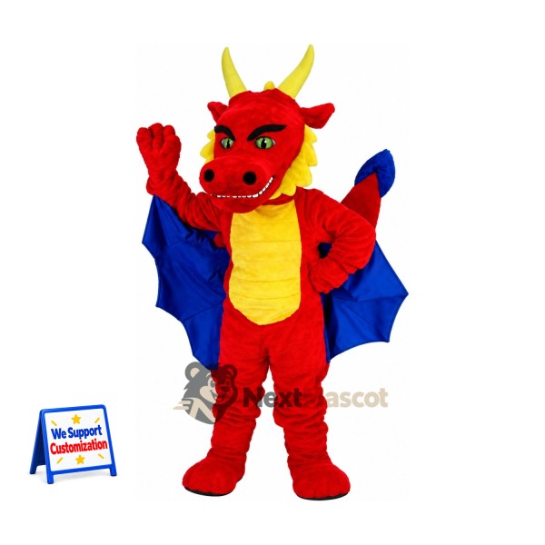Dragon Mascot Costume - Red, Blue Wings