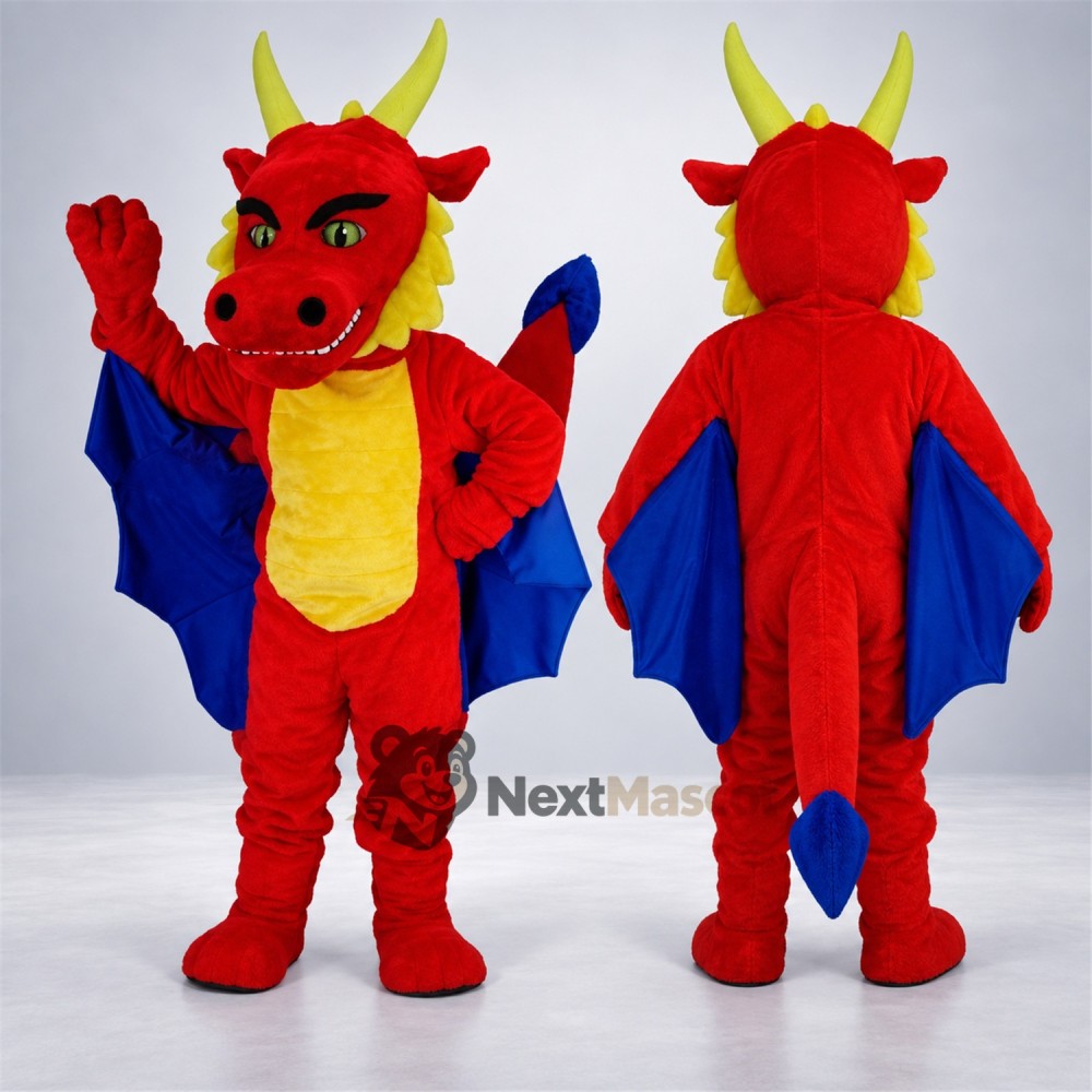 Dragon Mascot Costume - Red, Blue Wings Dragon Mascot Costume - Red, Blue Wings