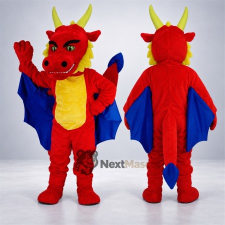 Dragon Mascot Costume - Red, Blue Wings Dragon Mascot Costume - Red, Blue Wings
