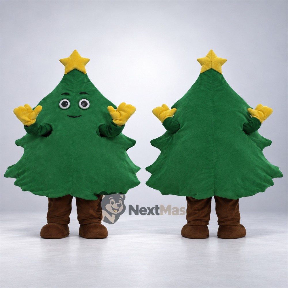 Christmas Tree Mascot Costume - Gold Star and Brown Boots Christmas Tree Mascot Costume - Gold Star and Brown Boots