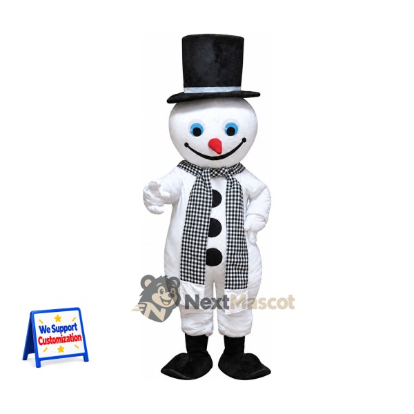Snowman Mascot Costume - Checkered Scarf for Christmas Events