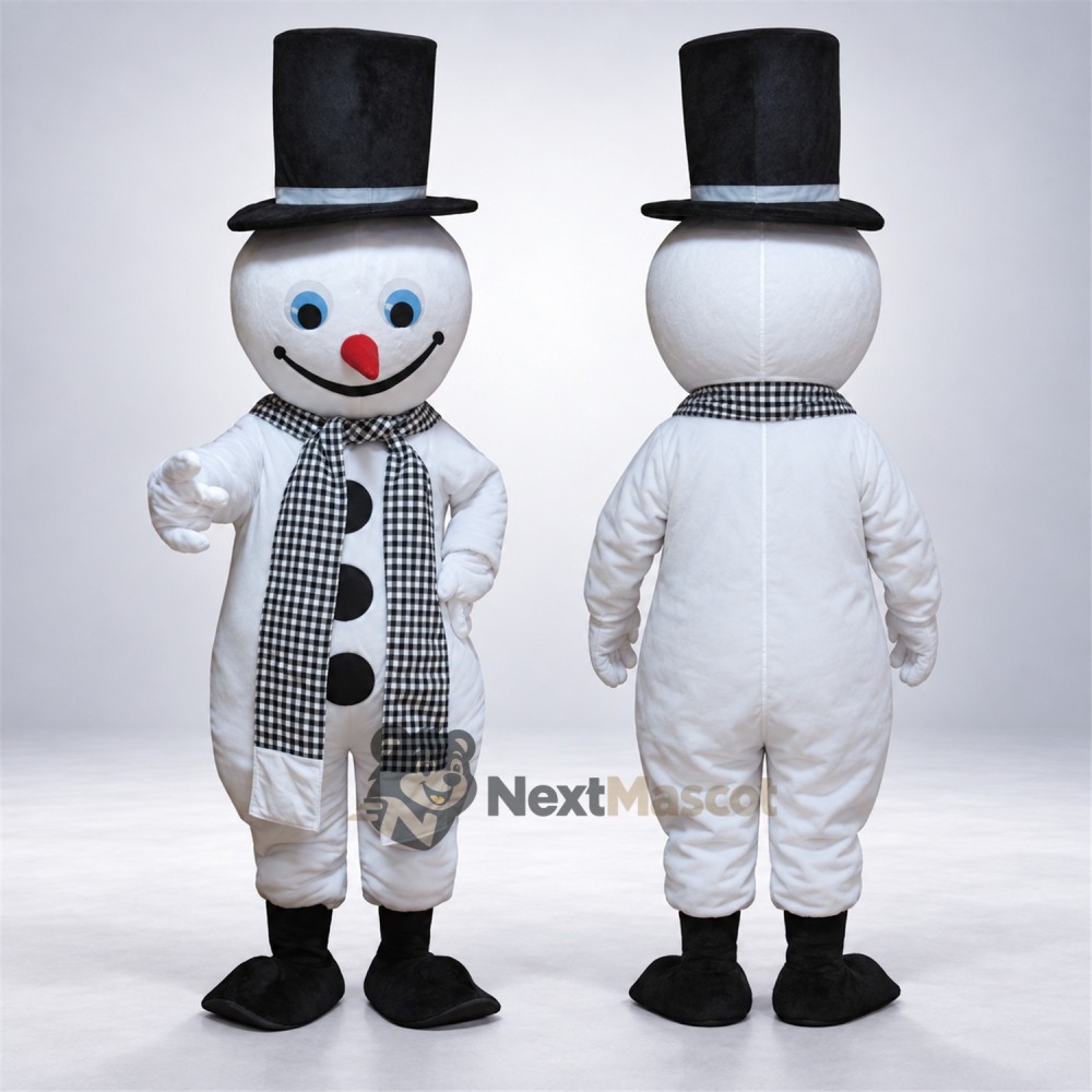 Snowman Mascot Costume - Checkered Scarf for Christmas Events Snowman Mascot Costume - Checkered Scarf for Christmas Events