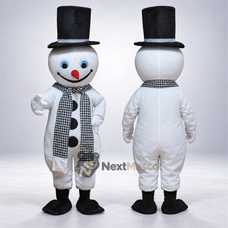 Snowman Mascot Costume - Checkered Scarf for Christmas Events Snowman Mascot Costume - Checkered Scarf for Christmas Events