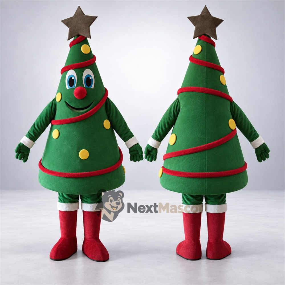 Christmas Tree Mascot Costume - Brown Star and Red Boots Christmas Tree Mascot Costume - Brown Star and Red Boots