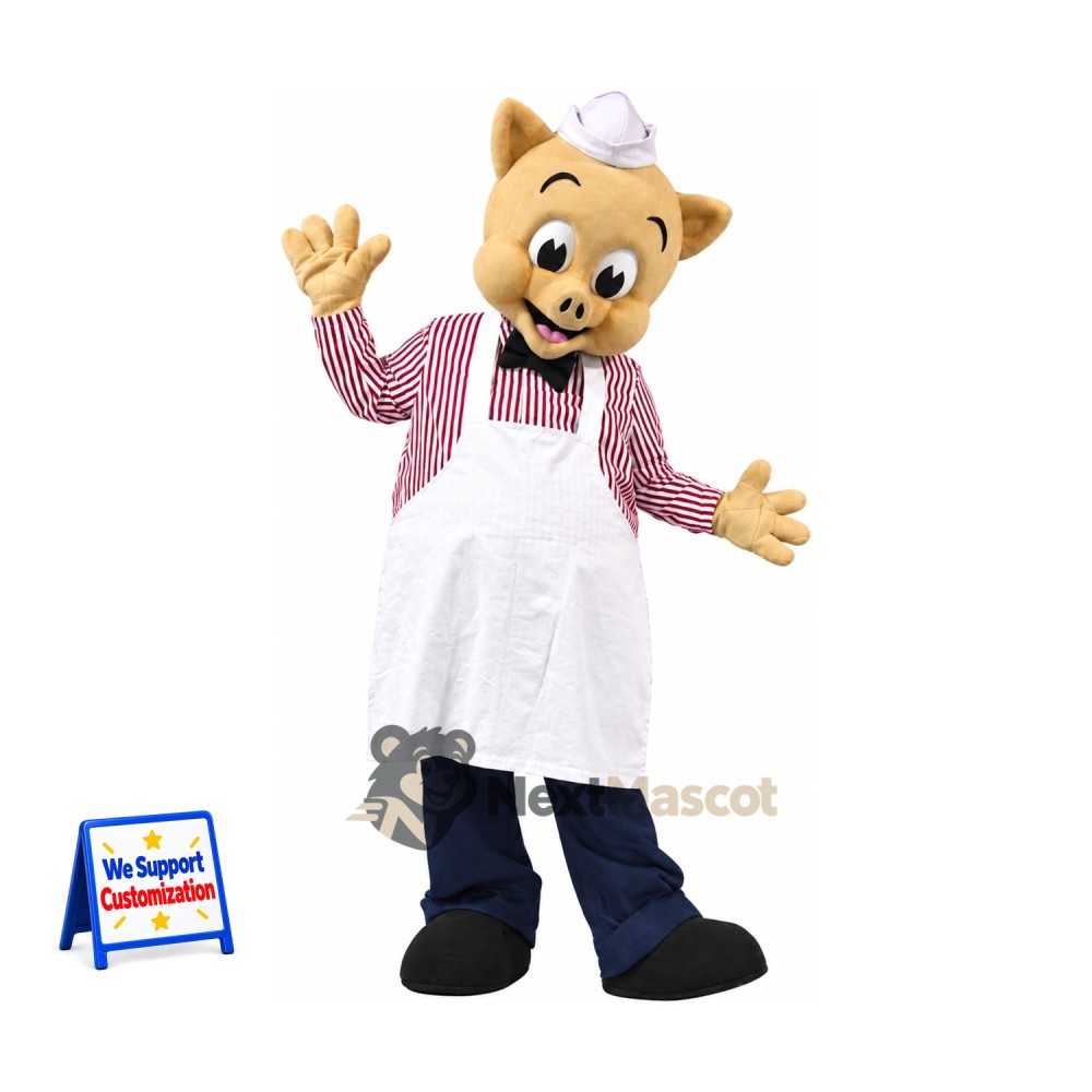 Pig Mascot Costume - Striped Shirt and Chef Apron Pig Mascot Costume - Striped Shirt and Chef Apron