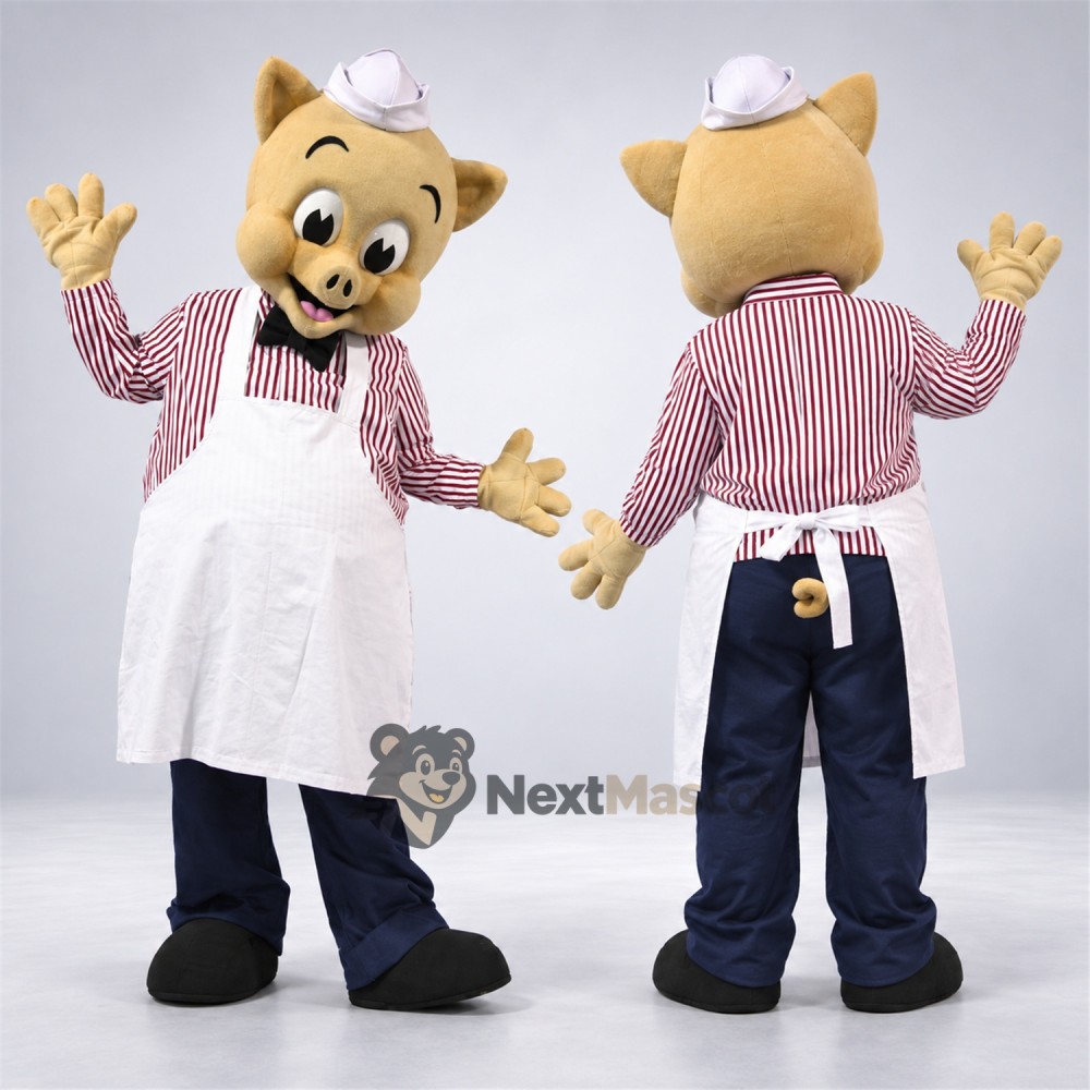 Pig Mascot Costume - Striped Shirt and Chef Apron Pig Mascot Costume - Striped Shirt and Chef Apron