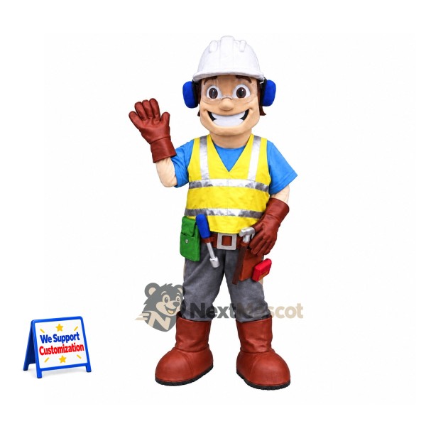 Construction Worker Mascot Costume - White Hard Hat