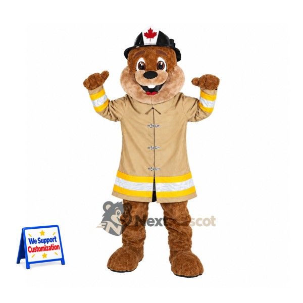 Beaver Mascot Costume - Tan Firefighter Coat for Fire Safety Events
