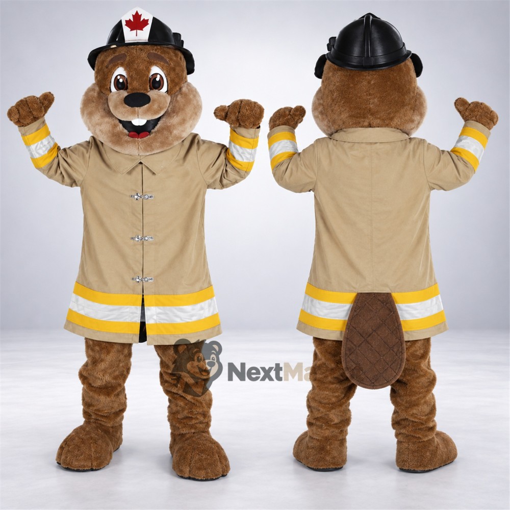 Beaver Mascot Costume - Tan Firefighter Coat for Fire Safety Events Beaver Mascot Costume - Tan Firefighter Coat for Fire Safety Events