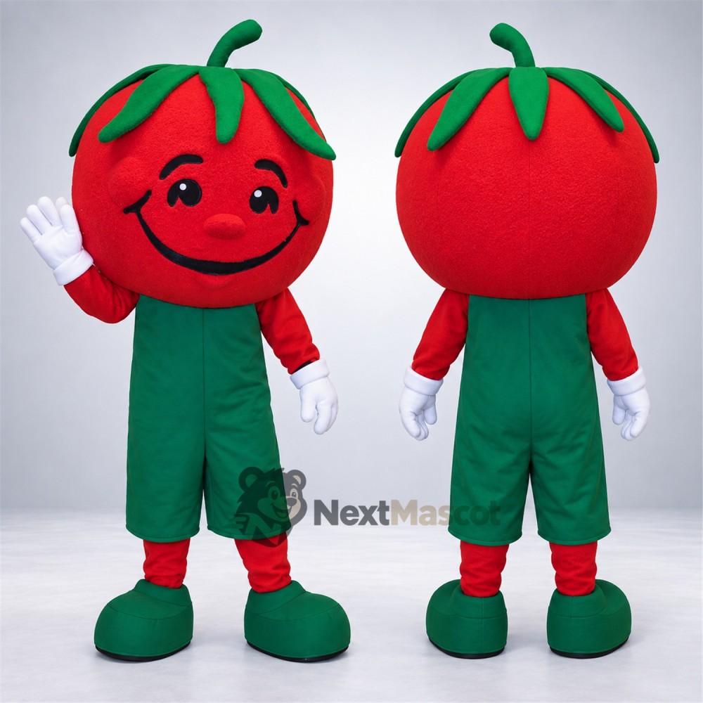 Tomato Mascot Costume - Green Overalls Tomato Mascot Costume - Green Overalls