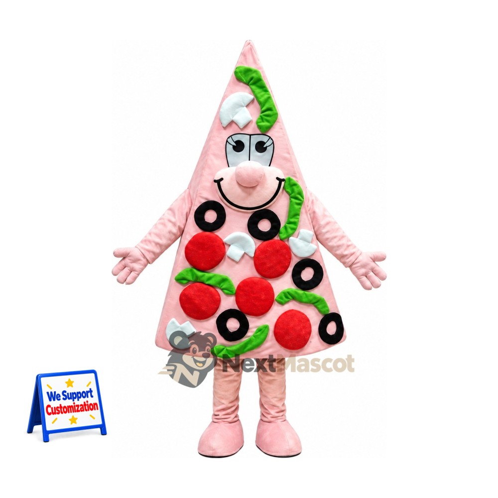 Pizza Slice Mascot Costume - Pink, Colorful Toppings Pizza Slice Mascot Costume - Pink, Colorful Toppings