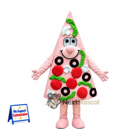 Pizza Slice Mascot Costume - Pink, Colorful Toppings Pizza Slice Mascot Costume - Pink, Colorful Toppings