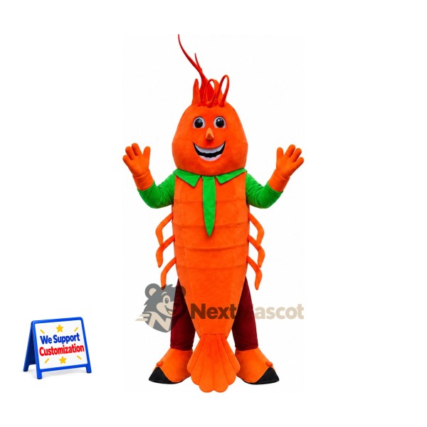 Shrimp Mascot Costume - Orange, Green Scarf