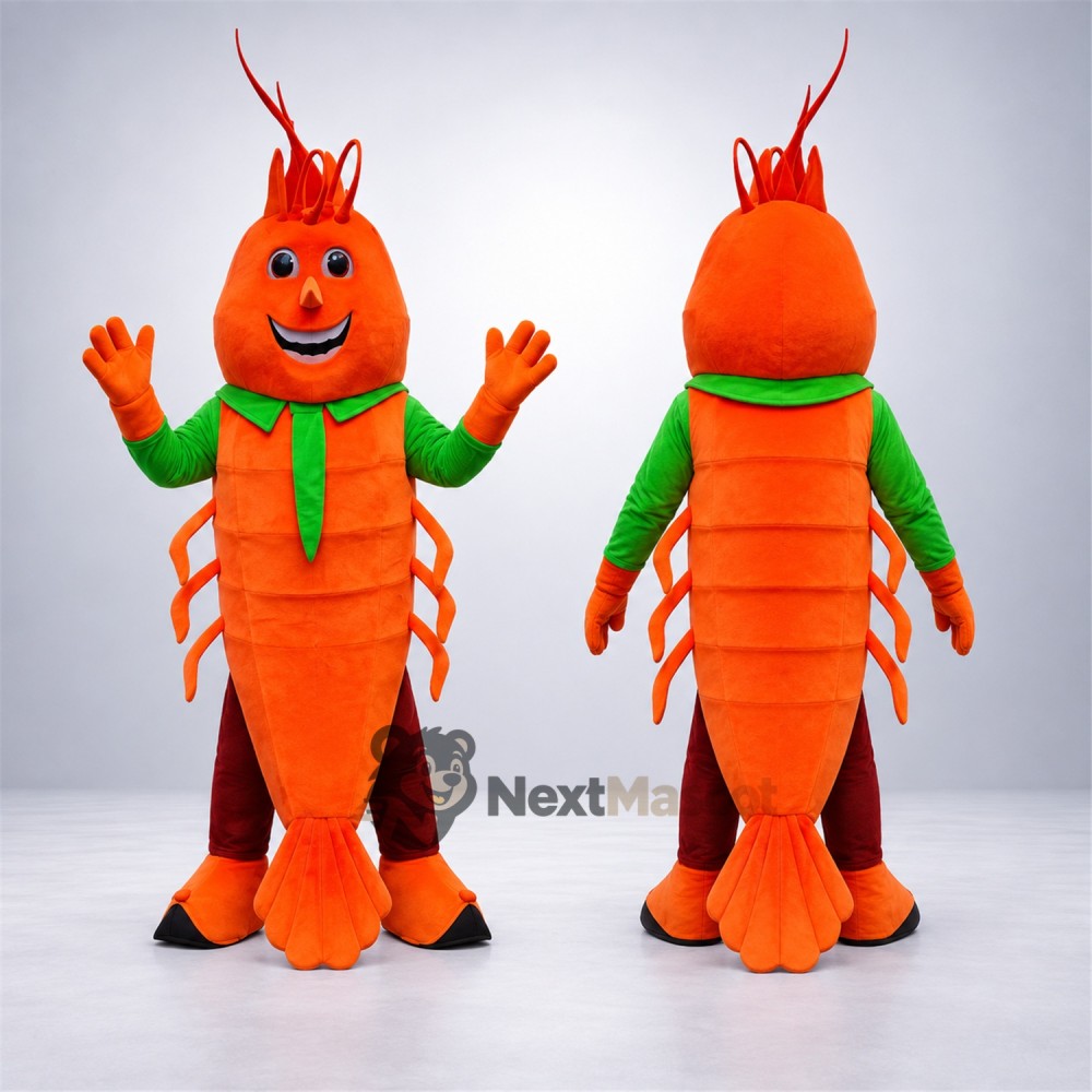Shrimp Mascot Costume - Orange, Green Scarf Shrimp Mascot Costume - Orange, Green Scarf