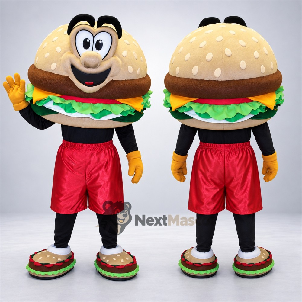 Burger Mascot Costume - Red Shorts for Food Festivals Burger Mascot Costume - Red Shorts for Food Festivals
