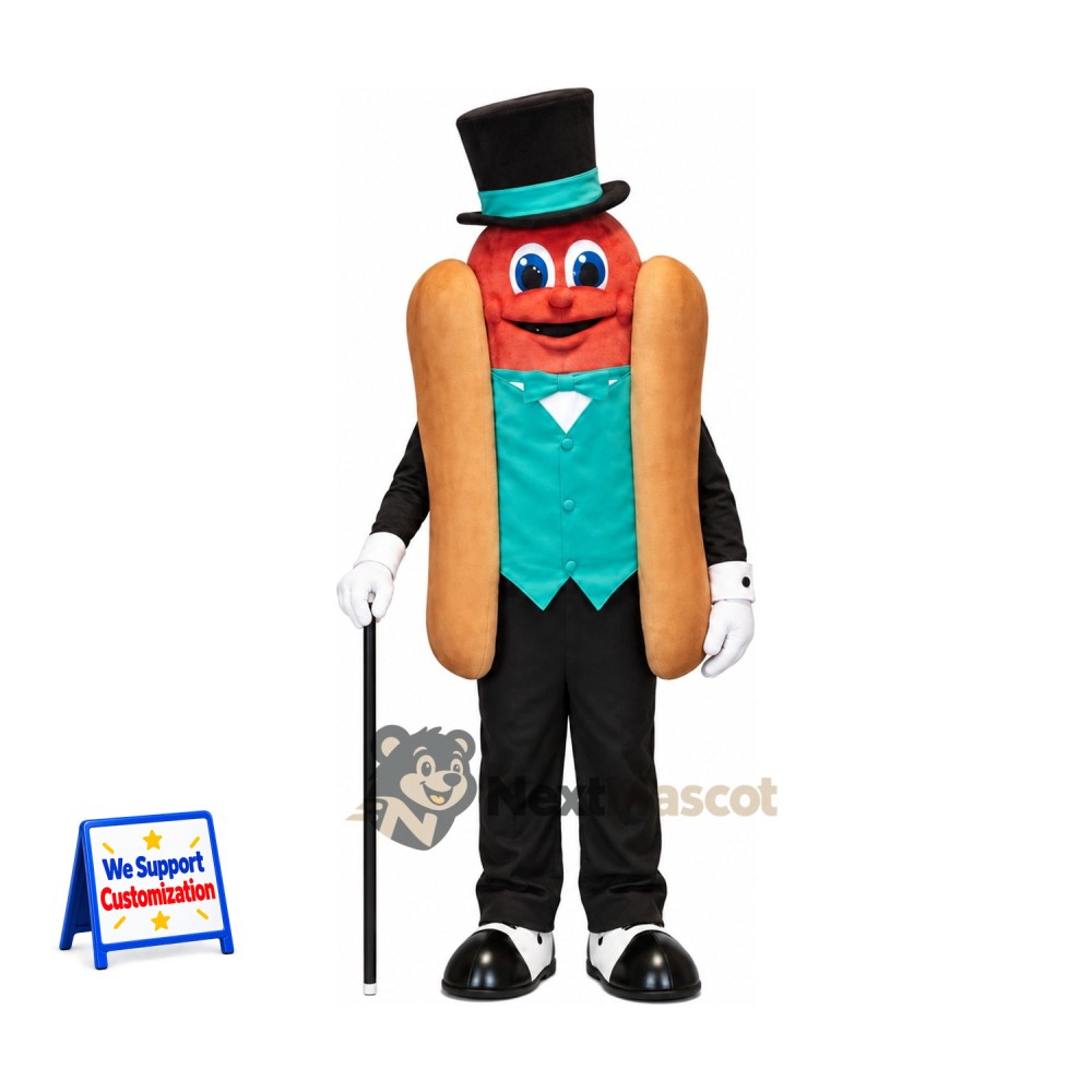 Hot Dog Mascot Costume - Top Hat for Food Festivals Hot Dog Mascot Costume - Top Hat for Food Festivals