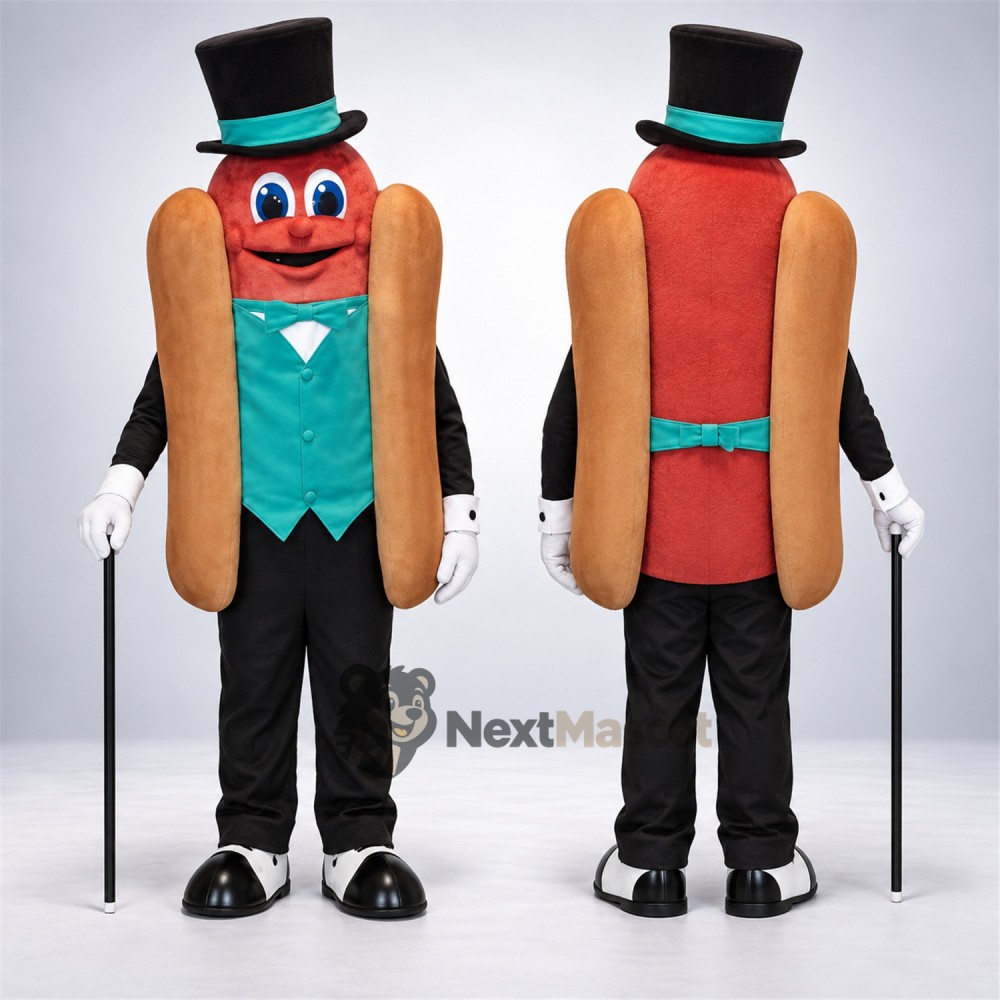 Hot Dog Mascot Costume - Top Hat for Food Festivals Hot Dog Mascot Costume - Top Hat for Food Festivals