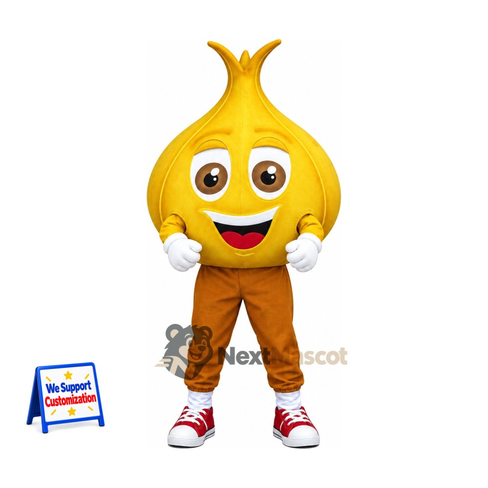Onion Mascot Costume - Brown Pants and Red Sneakers for Food Festivals Onion Mascot Costume - Brown Pants and Red Sneakers for Food Festivals