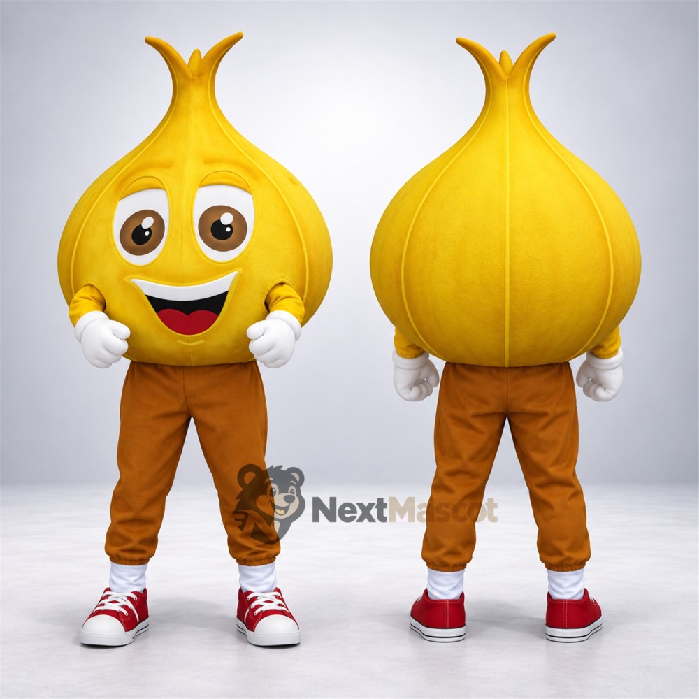Onion Mascot Costume - Brown Pants and Red Sneakers for Food Festivals Onion Mascot Costume - Brown Pants and Red Sneakers for Food Festivals