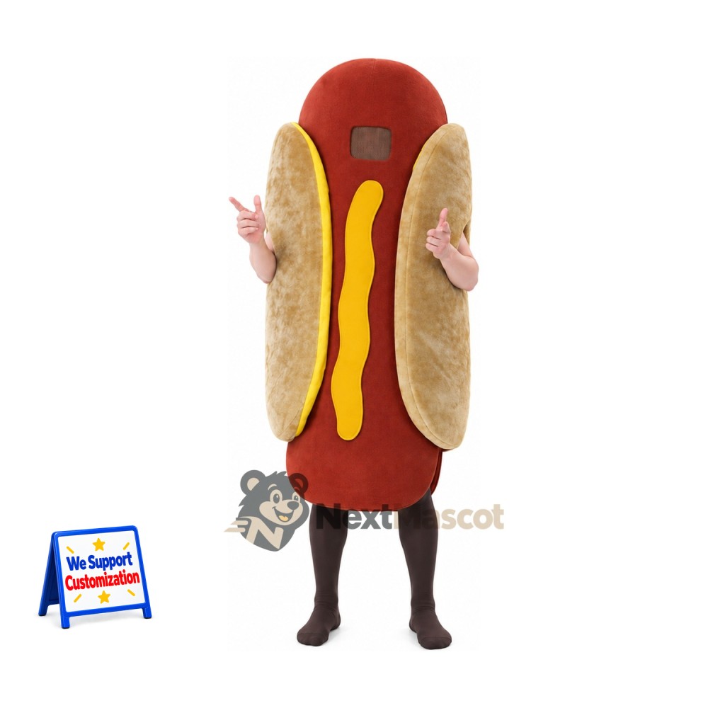Hot Dog Mascot Costume - Mustard Stripe and Brown Legs Hot Dog Mascot Costume - Mustard Stripe and Brown Legs