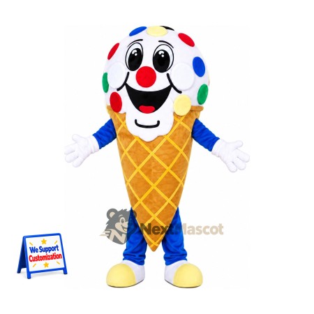 Ice Cream Cone Mascot Costume - Colorful Spots and Blue Legs for Food Fairs Ice Cream Cone Mascot Costume - Colorful Spots and Blue Legs for Food Fairs