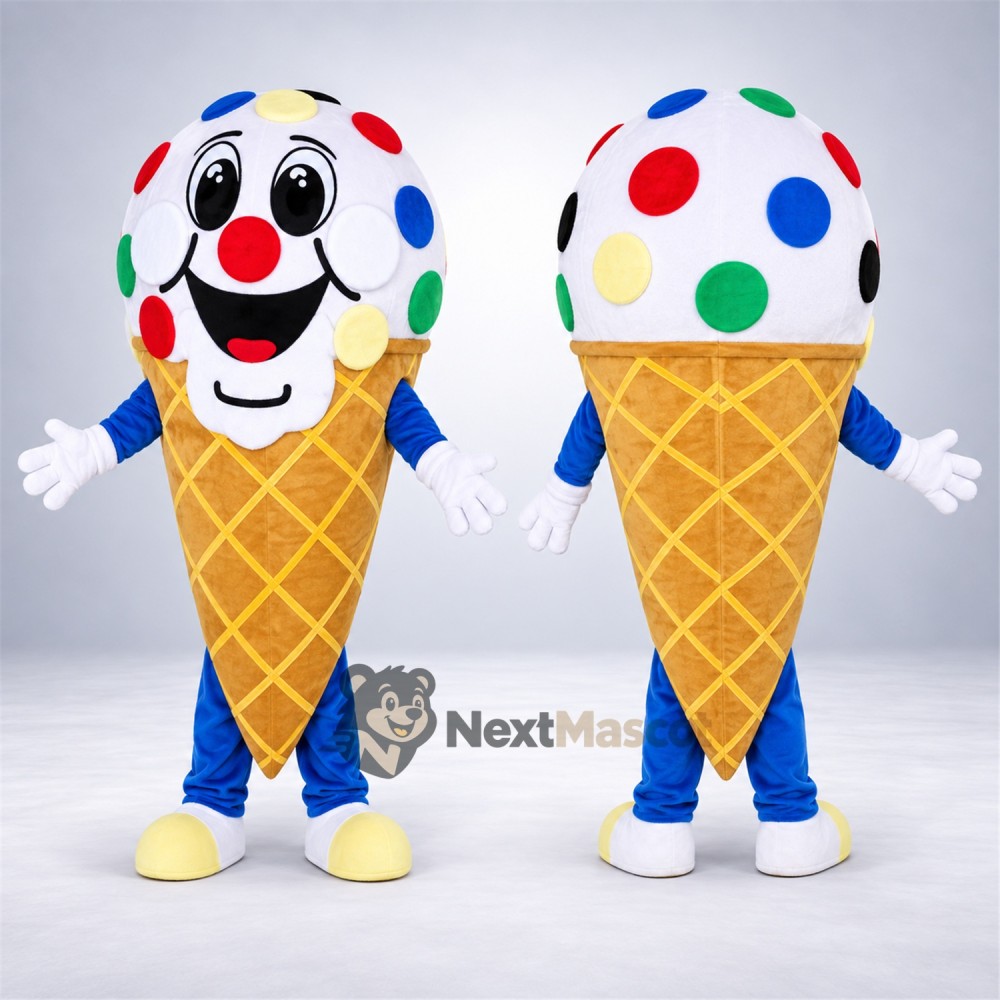 Ice Cream Cone Mascot Costume - Colorful Spots and Blue Legs for Food Fairs Ice Cream Cone Mascot Costume - Colorful Spots and Blue Legs for Food Fairs