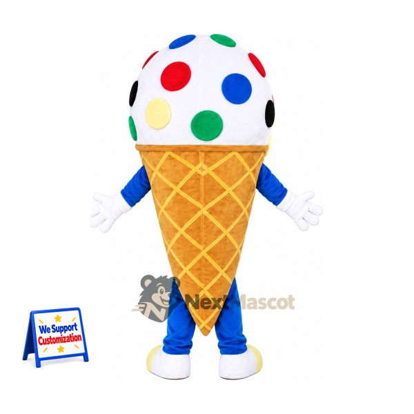 Ice Cream Cone Mascot Costume - Colorful Spots and Blue Legs for Food Fairs Ice Cream Cone Mascot Costume - Colorful Spots and Blue Legs for Food Fairs